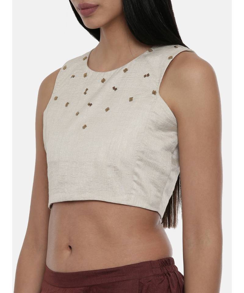 ASMI By Mayank Modi Silver Beige,Silk slub sleevless short blouse