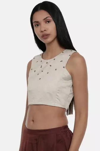 ASMI By Mayank Modi Silver Beige,Silk slub sleevless short blouse