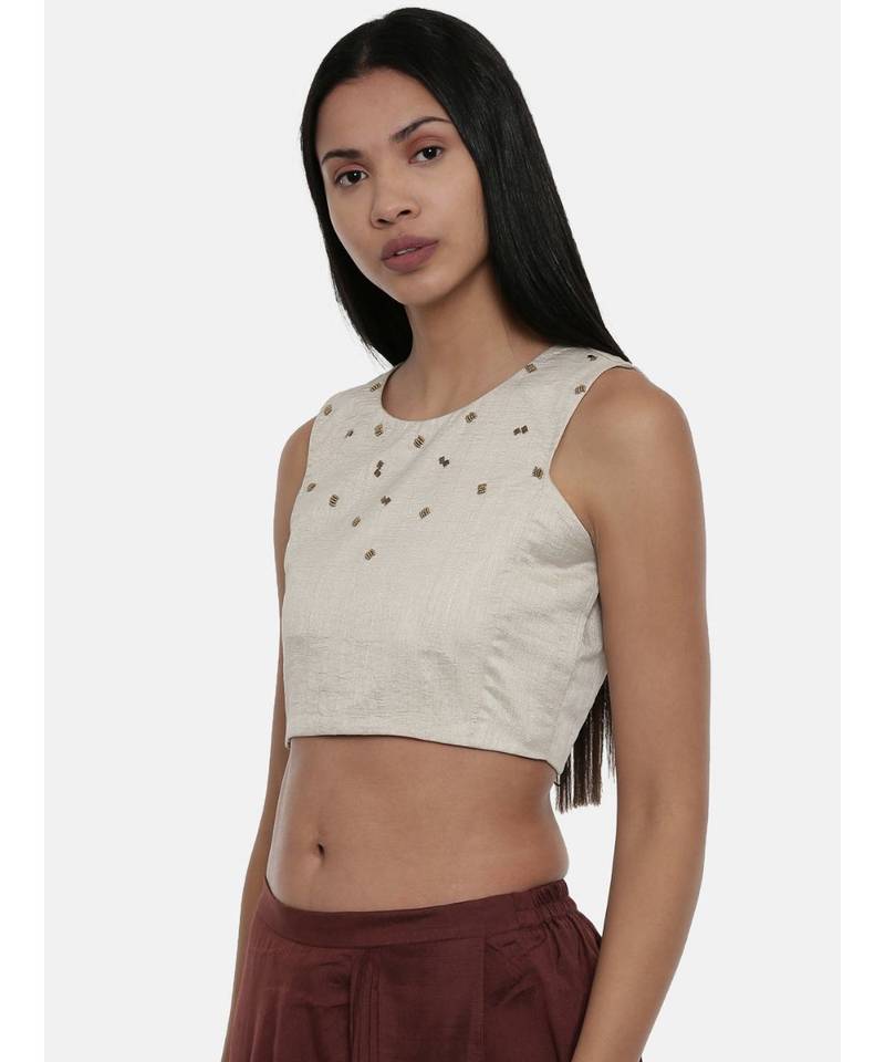 ASMI By Mayank Modi Silver Beige,Silk slub sleevless short blouse