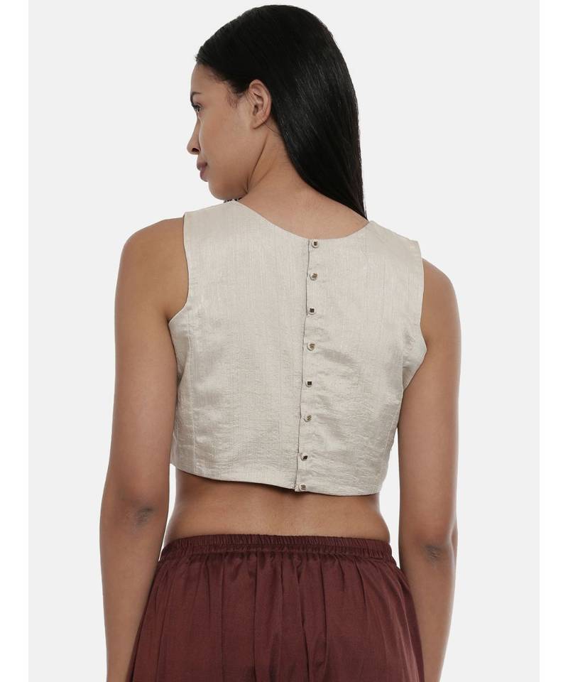 ASMI By Mayank Modi Silver Beige,Silk slub sleevless short blouse