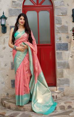 Pink woven banarasi saree with blouse 1
