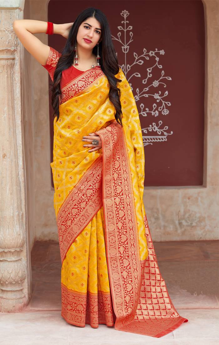 Yellow woven banarasi saree with blouse