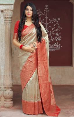 Cream woven banarasi saree with blouse 1
