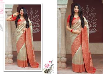 Cream woven banarasi saree with blouse 2