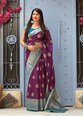 Purple woven banarasi saree with blouse 1