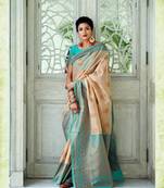 Cream woven silk blend saree with blouse