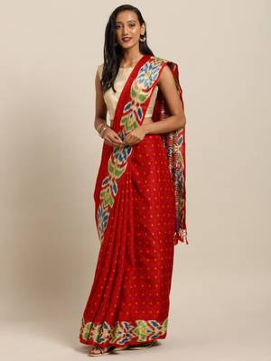 Red printed linen saree with blouse 1