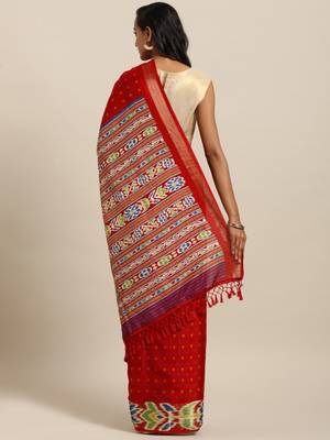 Red printed linen saree with blouse 2