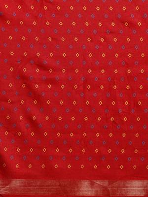 Red printed linen saree with blouse 3