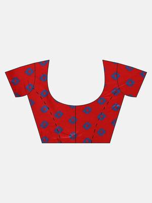 Red printed linen saree with blouse 5