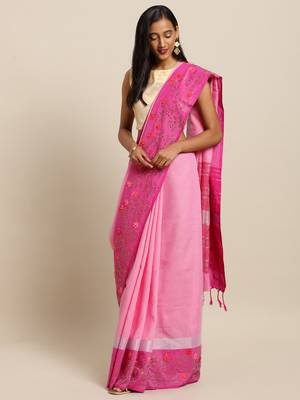 Pink printed linen saree with blouse 1