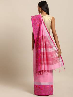 Pink printed linen saree with blouse 2