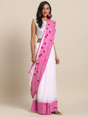 White printed linen saree with blouse 1