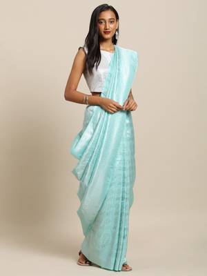 light-blue woven silk blend saree with blouse 1