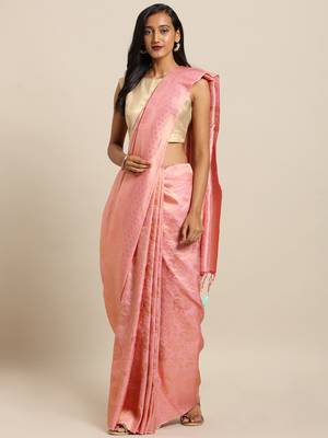 pink woven silk blend saree with blouse 1