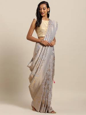 grey woven silk blend saree with blouse 1