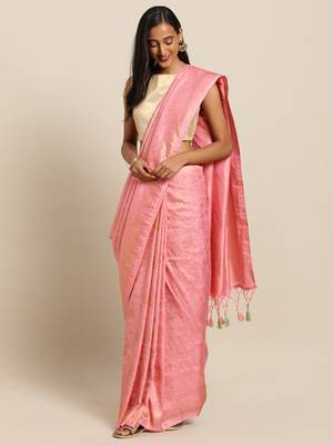 pink woven silk blend saree with blouse 1
