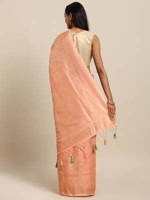 peach woven silk blend saree with blouse 2