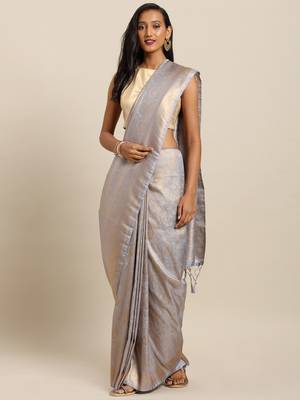 grey woven silk blend saree with blouse 1