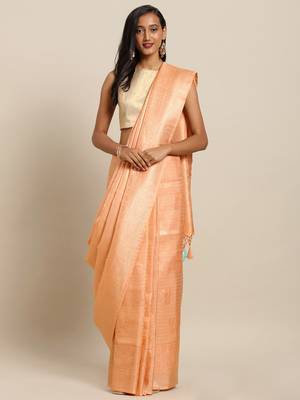 peach woven silk blend saree with blouse 1