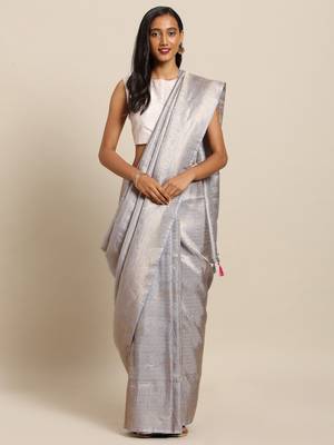 grey woven silk blend saree with blouse 1
