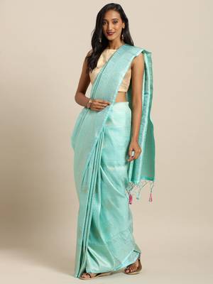 light-blue woven silk blend saree with blouse 1