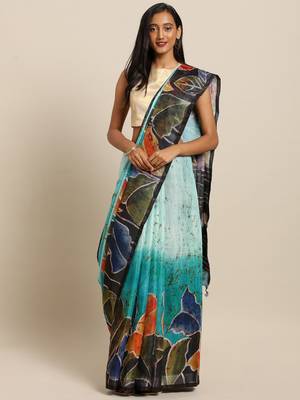 Navy blue printed linen saree with blouse 1