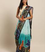 Navy blue printed linen saree with blouse
