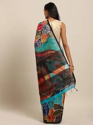Navy blue printed linen saree with blouse 2
