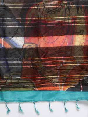 Navy blue printed linen saree with blouse 4
