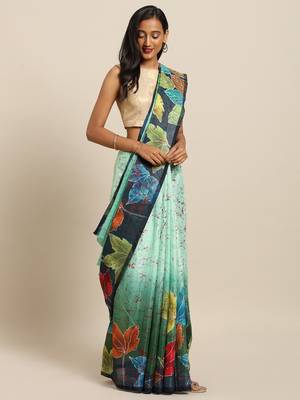 Green printed linen saree with blouse 1