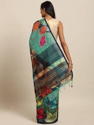 Green printed linen saree with blouse 2