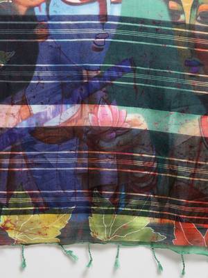 Green printed linen saree with blouse 4