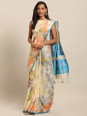 Mustard printed linen saree with blouse 1