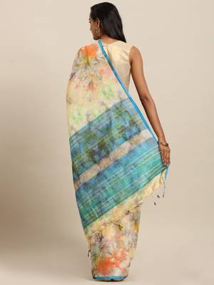 Mustard printed linen saree with blouse 2