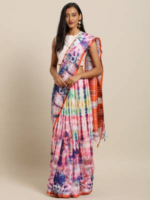 Pink printed linen saree with blouse 1