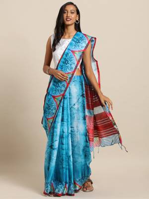 Blue printed linen saree with blouse 1