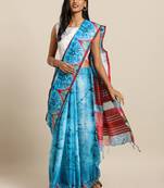 Blue printed linen saree with blouse