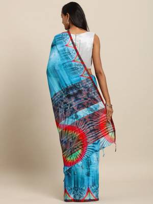 Blue printed linen saree with blouse 2