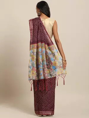 Coffee printed linen saree with blouse 2