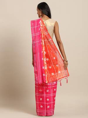 Orange printed linen saree with blouse 2