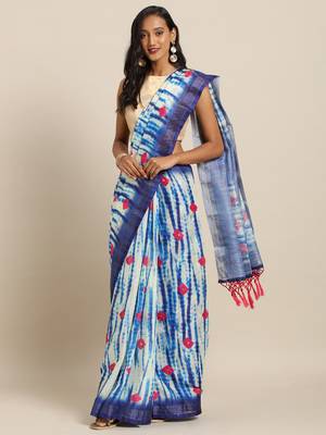 Blue printed linen saree with blouse 1