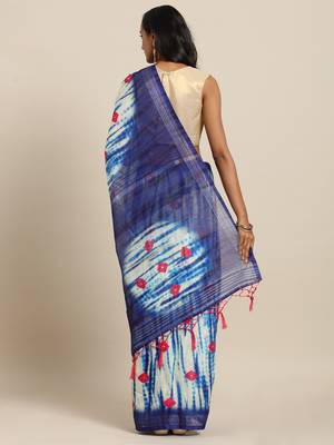 Blue printed linen saree with blouse 2