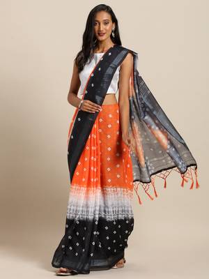 Orange printed linen saree with blouse 1