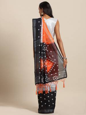 Orange printed linen saree with blouse 2