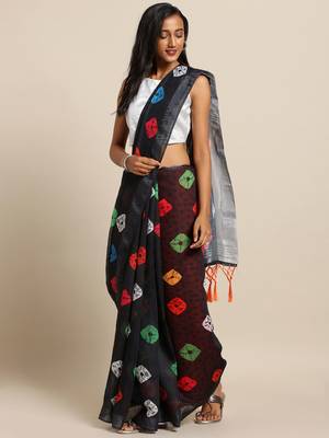 Black printed linen saree with blouse 1