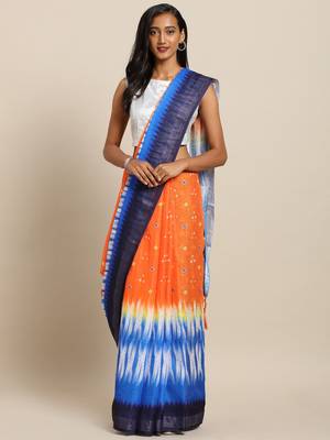 Orange printed linen saree with blouse 1