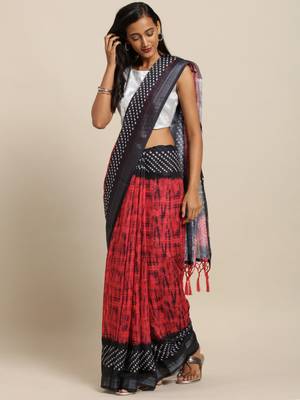 Red printed linen saree with blouse 1