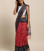 Red printed linen saree with blouse