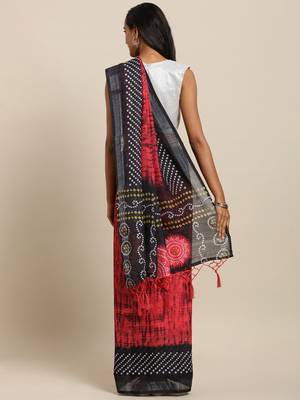Red printed linen saree with blouse 2
